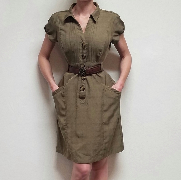 Vintage 90s Robbie Bee Olive Green Puff Sleeve Pleated Button Up Shirt Dress 14 - Picture 2 of 16